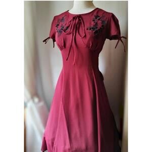 Unique Vintage Timeless London 40s Burgundy Puff Sleeve Dress Sz M #28